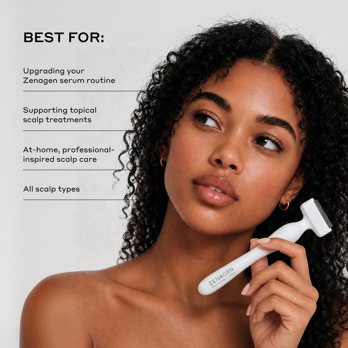 Zenagen Derma Stamp infographic featuring a woman with curly hair holding the tool, detailing its use for upgrading hair serum routines, supporting topical scalp treatments, and professional at-home care for all scalp types.