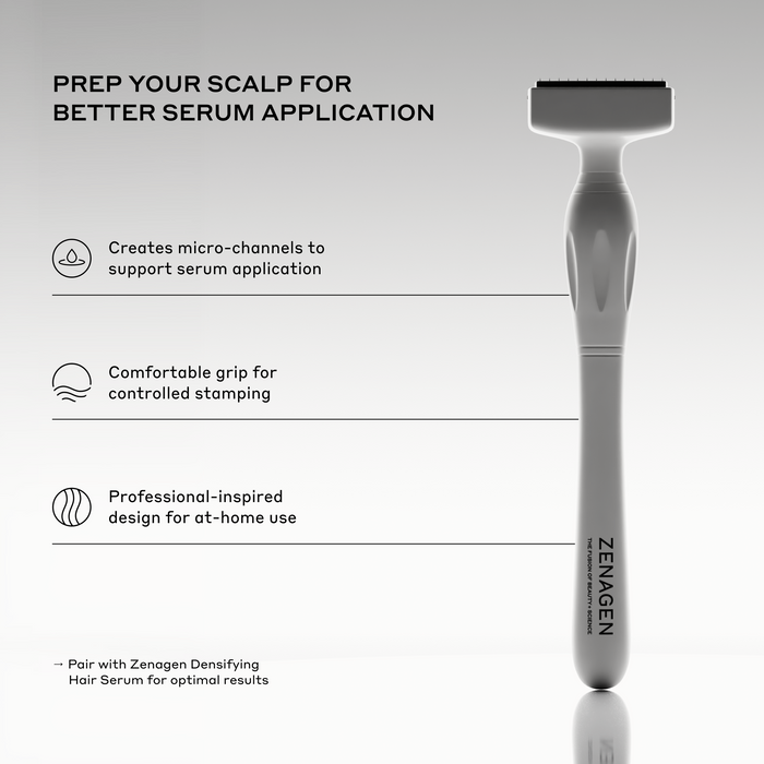 Zenagen Derma Stamp product benefits infographic showing the microneedling tool and detailing how it creates micro-channels to prep the scalp for optimal hair serum absorption.