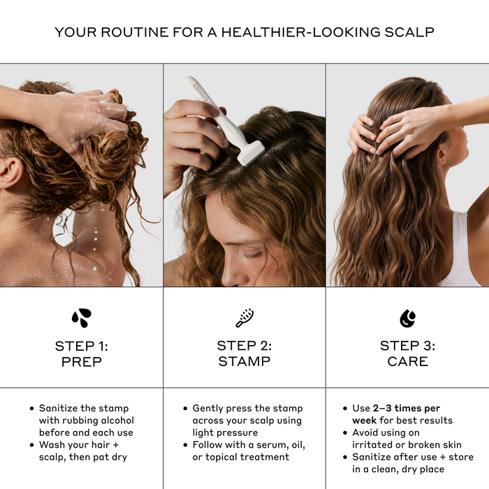 Zenagen Derma Stamp step-by-step routine infographic outlining how to prep, stamp, and care for the scalp, including instructions on tool sanitization and using light pressure 2 to 3 times per week.