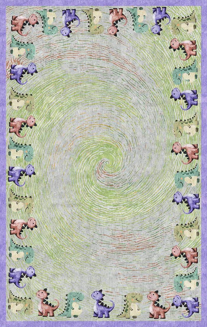 Green and grey rug with a central swirl pattern and a border of colorful cartoon dinosaurs on a purple background.