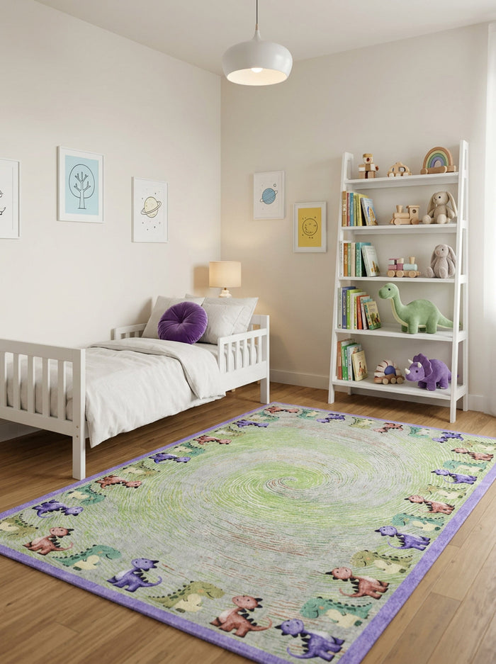 Green swirl-patterned rug with a dinosaur border, styled in a child's bedroom.