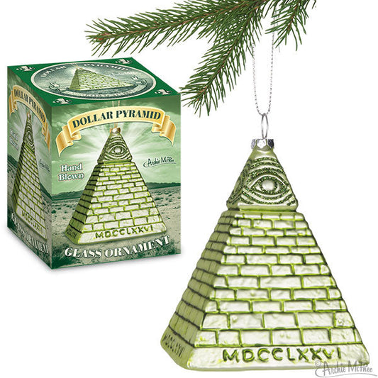 A captivating Dollar Pyramid Ornament featuring an enigmatic eye design dangles from a pine branch, accompanied by its box. This distinctive holiday decoration is sure to infuse intrigue and sparkle into your festivities.