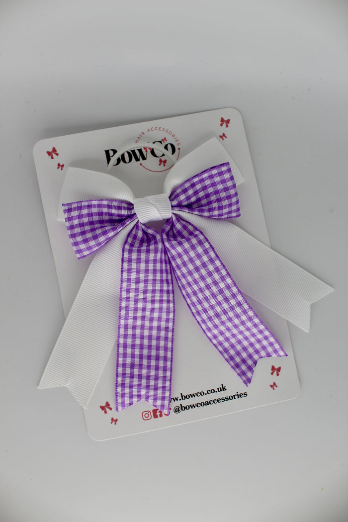 Double Ribbon Tail Bow - School Bow Lilac Gingham - Elastic