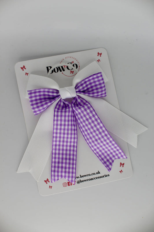 Double Ribbon Tail Bow - School Bow Lilac Gingham - Elastic