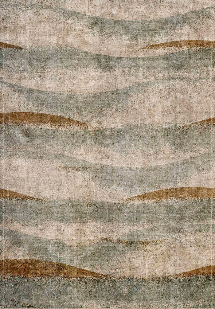 Beige, sage green, and rust orange rug with a distressed, horizontal wavy stripe pattern.