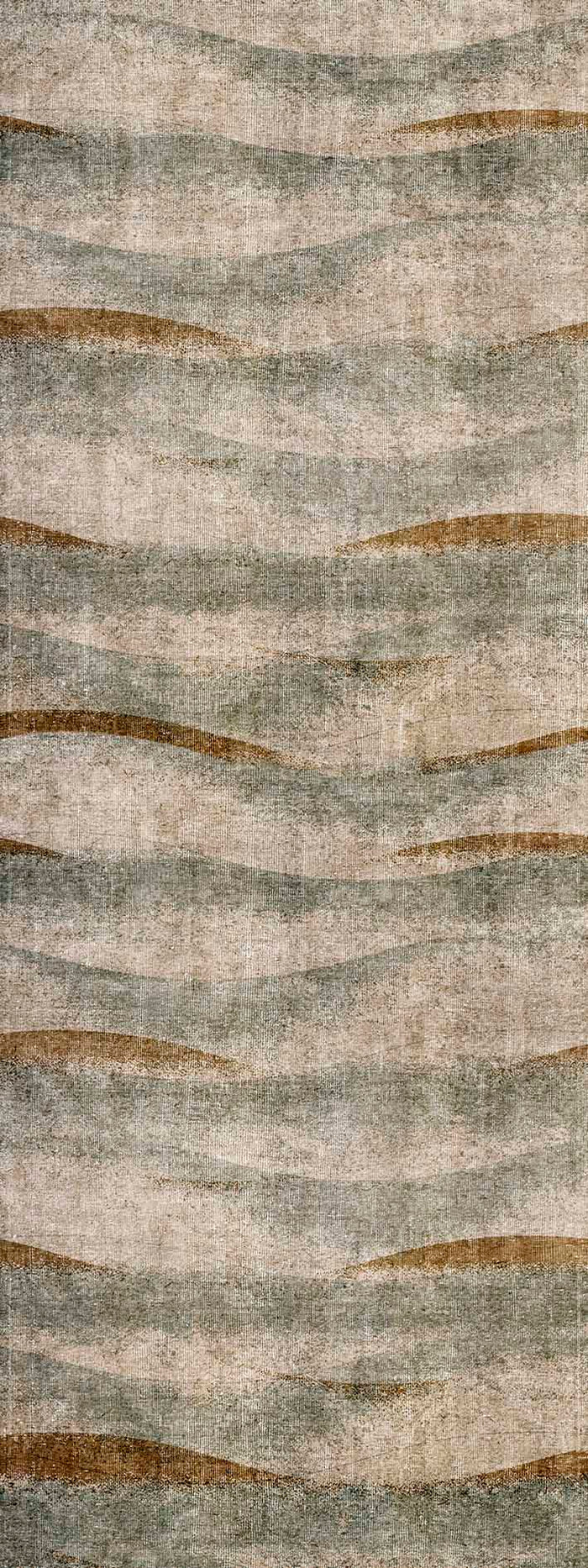 Distressed rug with horizontal wavy bands in sage green, beige, and copper brown.