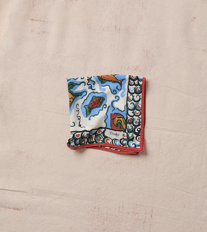 Ecru Fish Print Silk Pocket Square