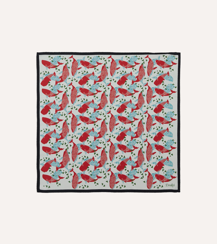 Ecru Whale Print Silk Pocket Square