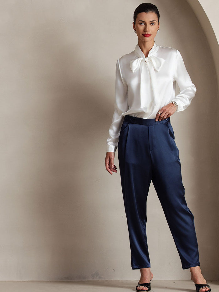 [White] SilkSilky  Long Sleeve Tie Neck Women's Blouse 003