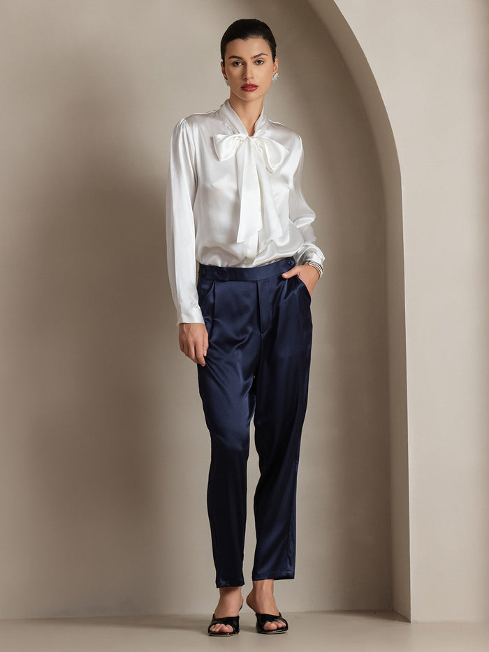 [White] SilkSilky  Long Sleeve Tie Neck Women's Blouse 004