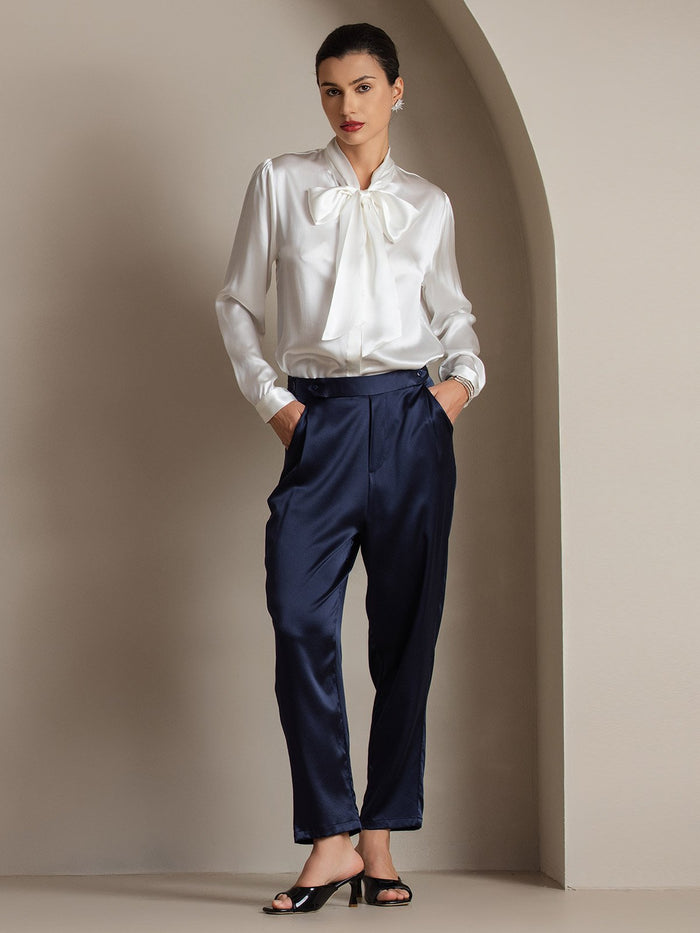 [White] SilkSilky  Long Sleeve Tie Neck Women's Blouse 006