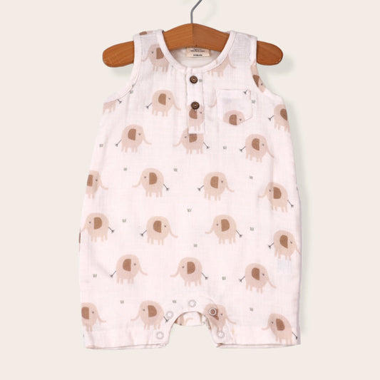 Elephant Henley Sleeveless Baby Romper (Organic Muslin) by Viverano