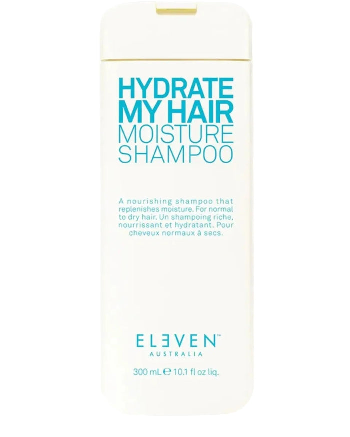 Shampoo bottle labeled 'Hydrate My Hair Moisture Shampoo' by Eleven Australia on a white background - hair Care Canada