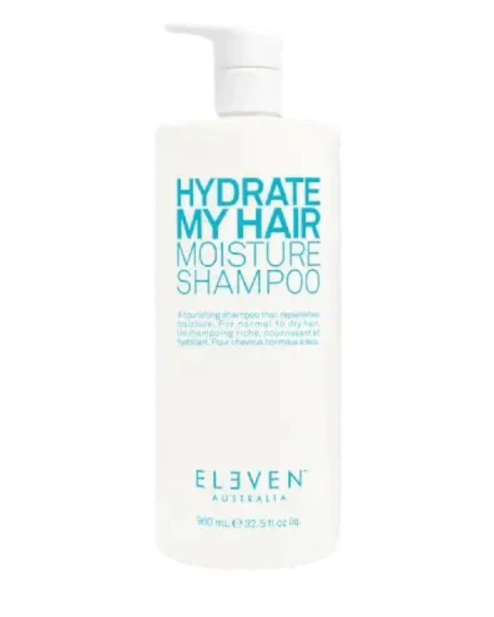 Shampoo bottle labeled 'Hydrate My Hair Moisture Shampoo' by Eleven Australia on a white background - hair Care Canada