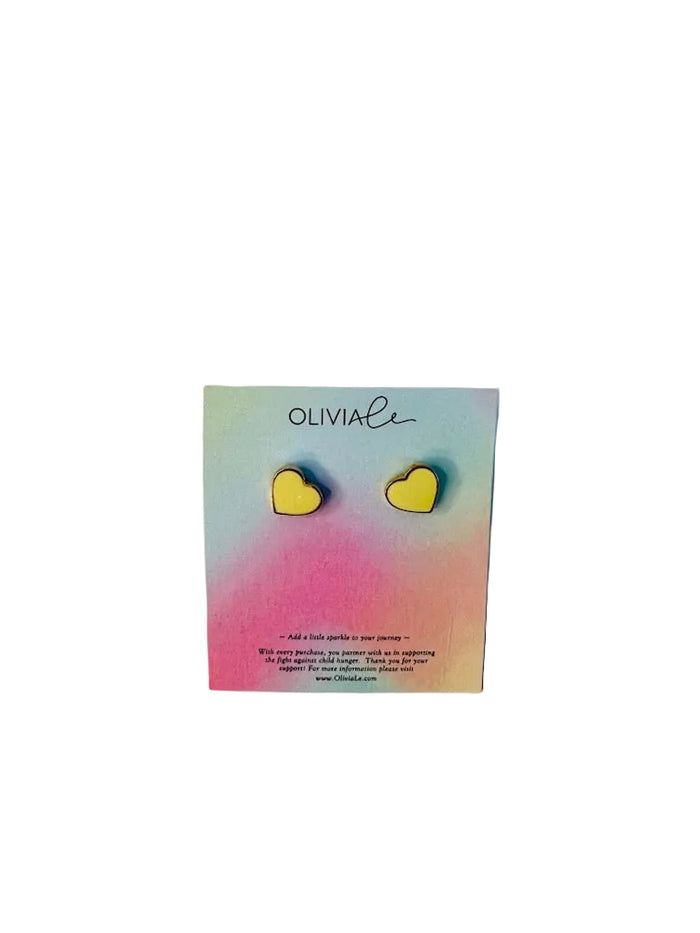 Heart-shaped earrings on a colorful Olivia Li card with a white background