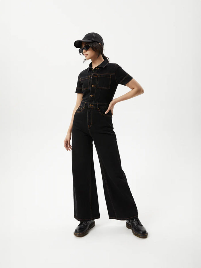 Estrella - Recycled Organic Denim Flared Leg Jumpsuit | Black-Image 1