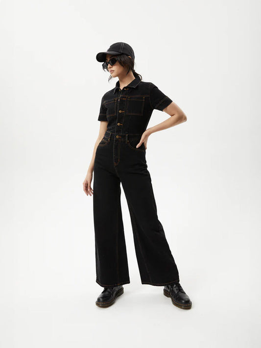Estrella - Recycled Organic Denim Flared Leg Jumpsuit | Black-Image 1