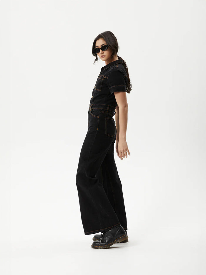 Estrella - Recycled Organic Denim Flared Leg Jumpsuit | Black-Image 2