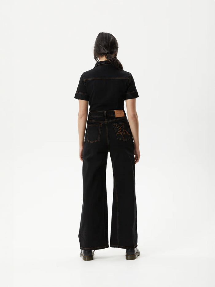 Estrella - Recycled Organic Denim Flared Leg Jumpsuit | Black-Image 3