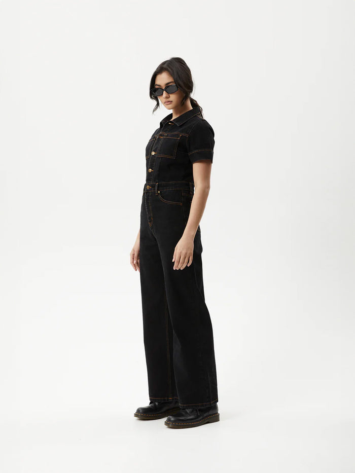 Estrella - Recycled Organic Denim Flared Leg Jumpsuit | Black-Image 4