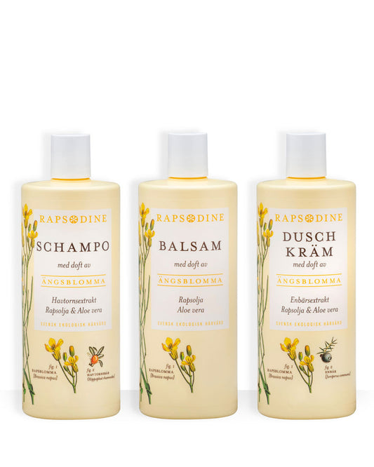Rapsodines familjeduschkit med naturligt schampo, balsam och duschkräm med doft av ängsblomma
