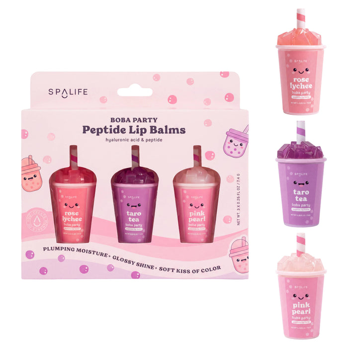 SPALIFE Boba Party Peptide Lip Balms set in its original pink packaging, shown alongside three individual lip balms in their cups: rose lychee (pink), taro tea (purple), and pink pearl (light pink).
