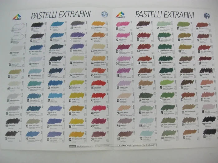 A selection of Ferrario Extrafini soft pastel colors displayed in a grid arrangement, including both light and dark shades.