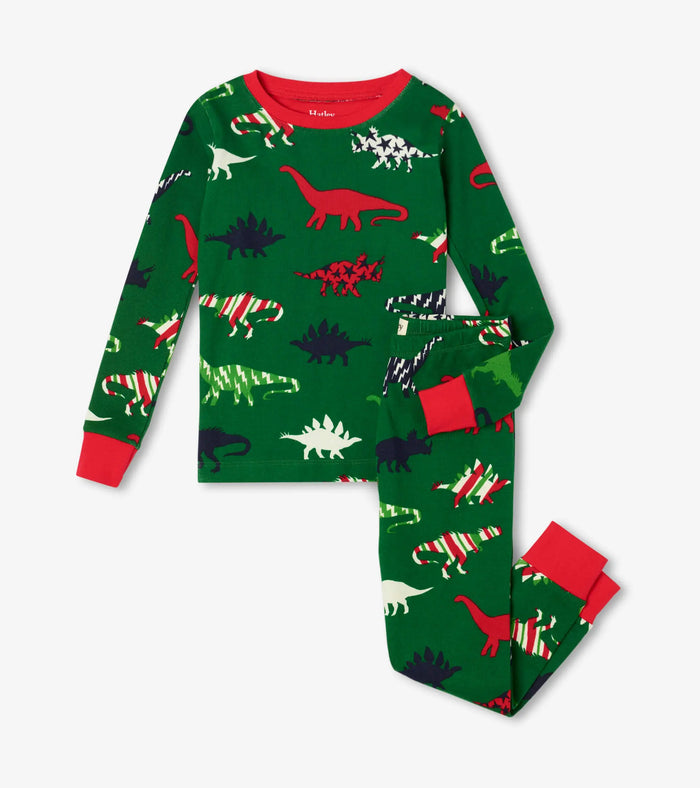 Hatley boys Festive Dinos organic cotton pajama set in Green/Red with long sleeves and matching pants.