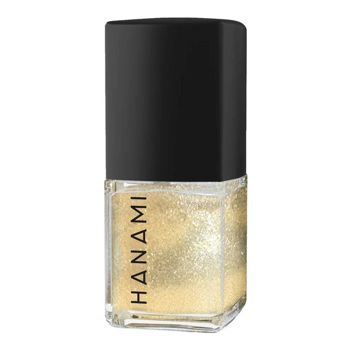 Gold nail polish bottle with black cap on a white background.