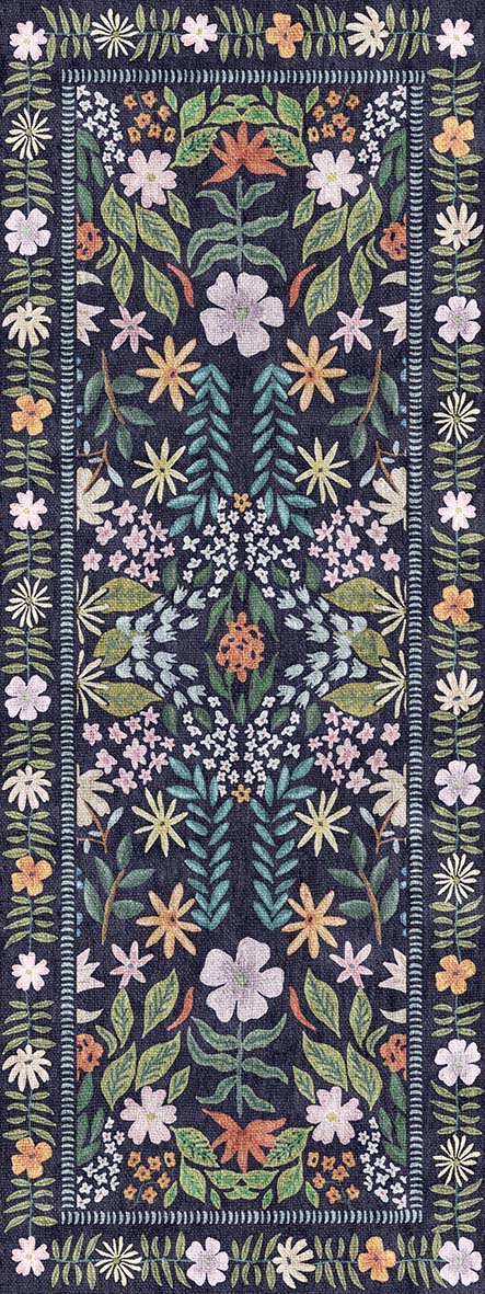 Navy blue runner rug with a symmetrical floral and vine pattern in shades of pink, orange, green, and cream.