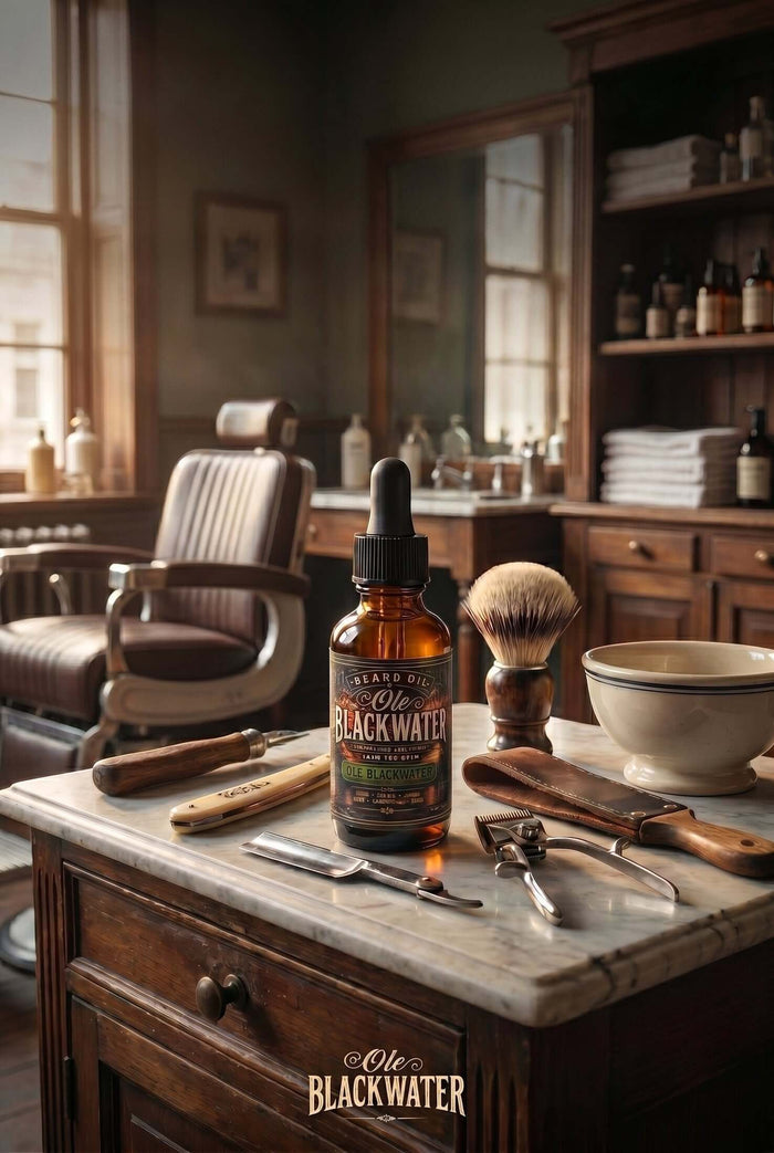 Fort Denaud Beard and Skin Ole Blackwater beard oil in a glass dropper bottle on a vintage barber shop counter.
