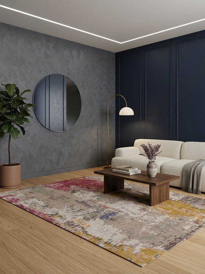 Multi-colored abstract rug with patches of magenta, gold, and grey, styled in a modern living room.
