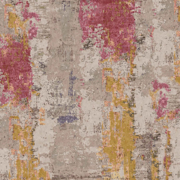 Abstract rug with a distressed, painterly pattern in shades of magenta, mustard yellow, and grey on a beige background.