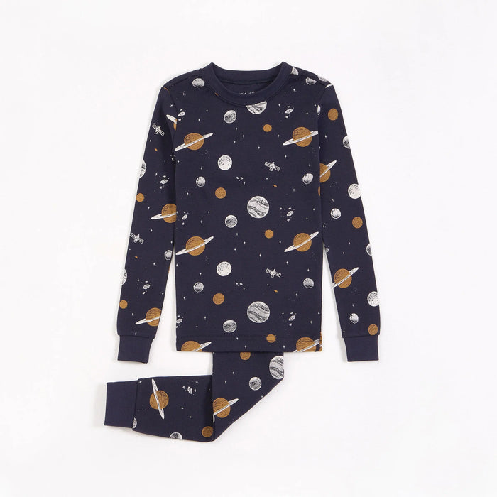 Petit Lem unisex kids Galaxy Print on Navy Night pajama set with planets and matching pants.