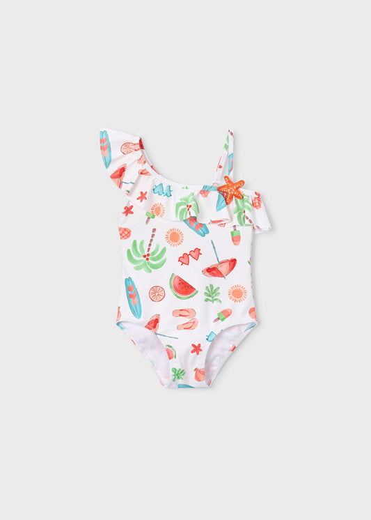 Mayoral girls White/Multi asymmetric one-piece swimsuit with colorful summer print.