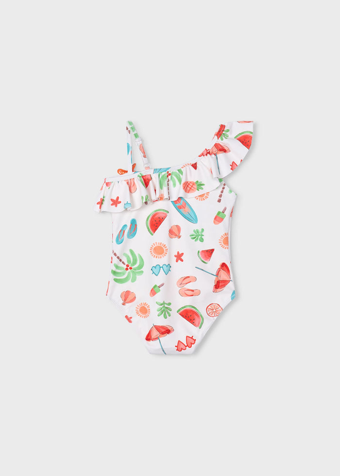 Back view of Mayoral girls asymmetric swimsuit showing one-piece swim fit and printed fabric.