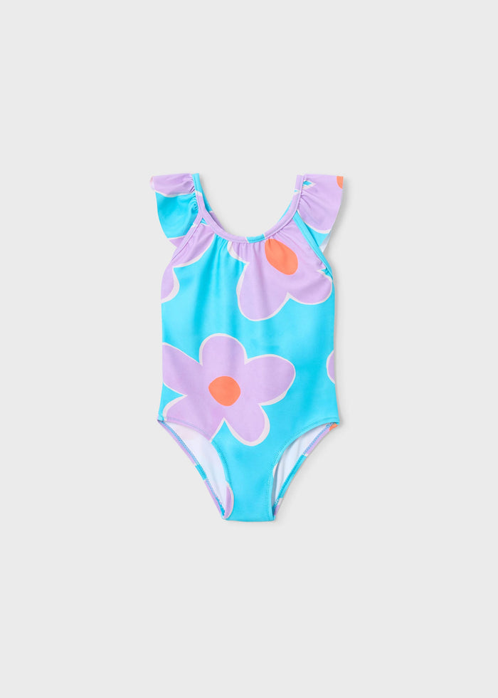 Mayoral girls ruffled one-piece swimsuit in Lilac/Aqua floral print