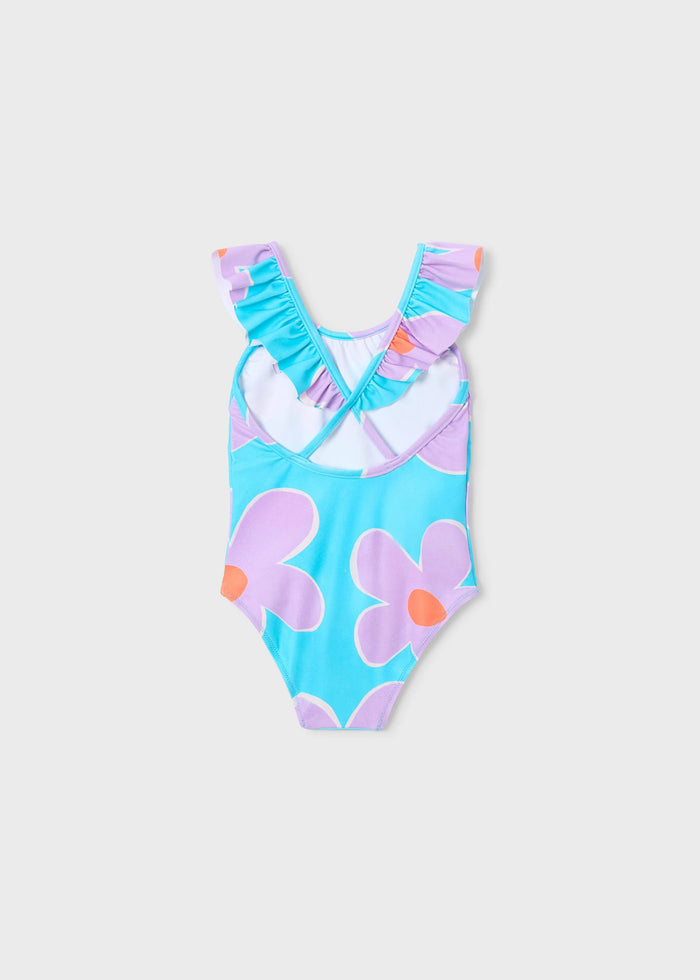 Back view of Mayoral girls one-piece swimsuit with ruffled shoulders