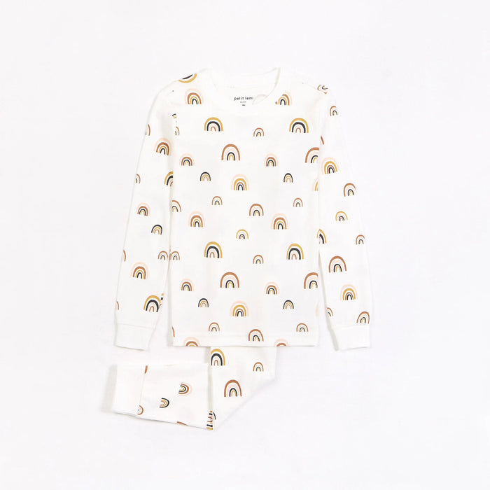 Petit Lem girls Rainbows organic cotton pajama set in Off-White with long sleeves and matching pants.