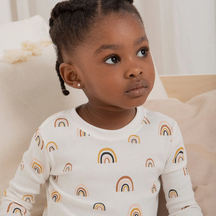 Petit Lem girls Rainbows organic cotton pajama set in Off-White with long sleeves and matching pants.