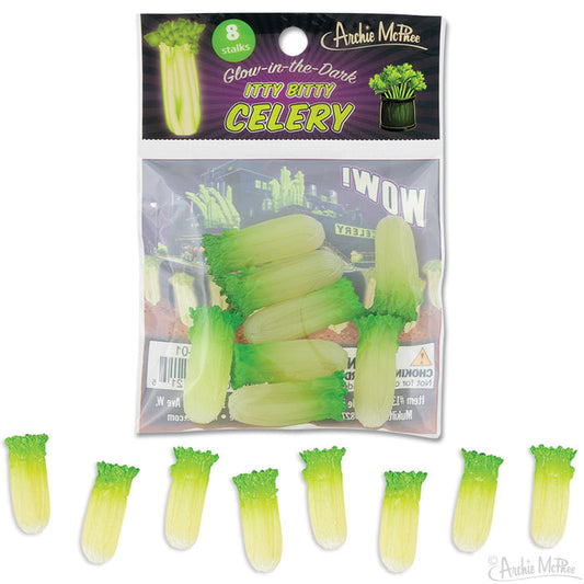 Packet of Glow-in-the-Dark Itty Bitty Celery, featuring eight small soft vinyl pieces showcased below.