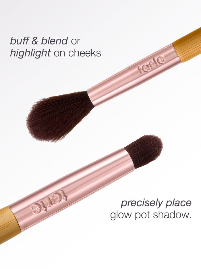 Two Tarte Cosmetics brushes, one with a fluffy head for buffing and blending on cheeks, and another with a precise tip for applying glow pot shadow. Text: buff & blend or highlight on cheeks, precisely place glow pot shadow.
