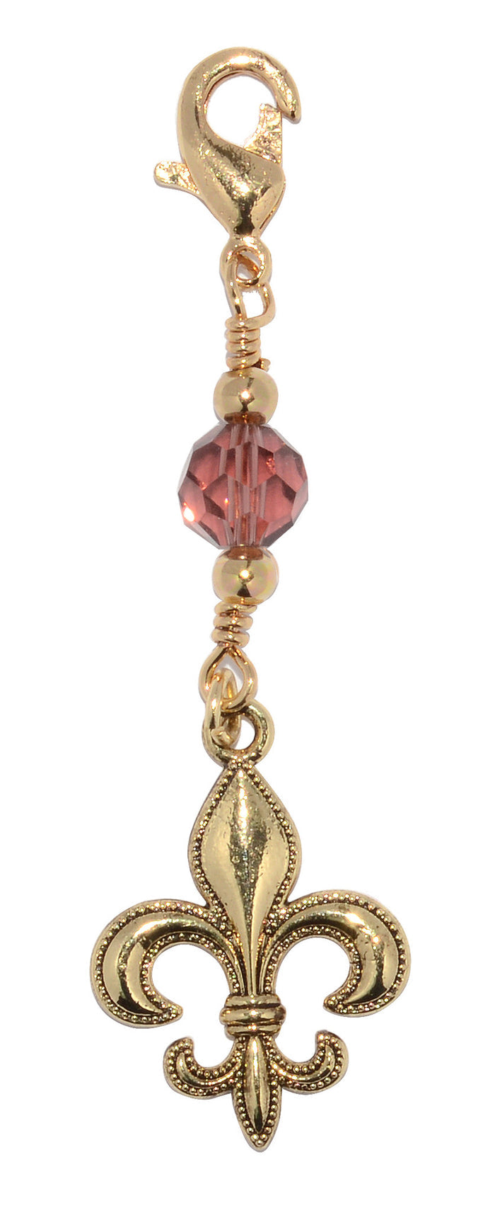 Gold fleur-de-lis charm mini hair accessory with purple bead on white background