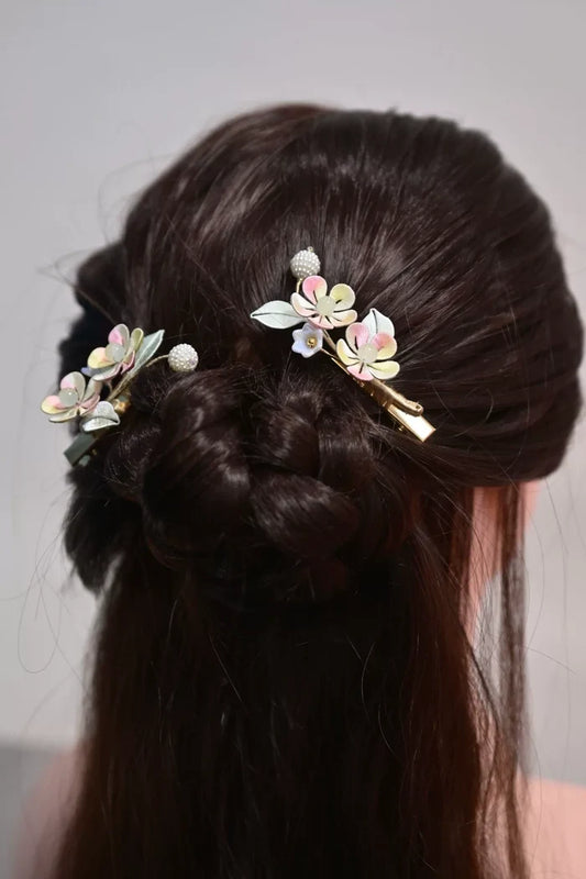 Handmade Chanhua rayon hair clips adorning a styled hair