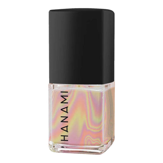 Nail polish bottle with marbled design and black cap on a white background.