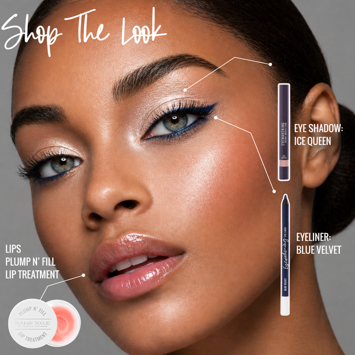 Shop The Look graphic with a model wearing Runway Rogue eye and lip products with product names
