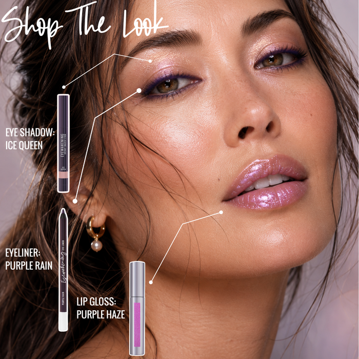 Makeup look with Runway Rogue eye shadow, eyeliner, and lip gloss products on a model's face.