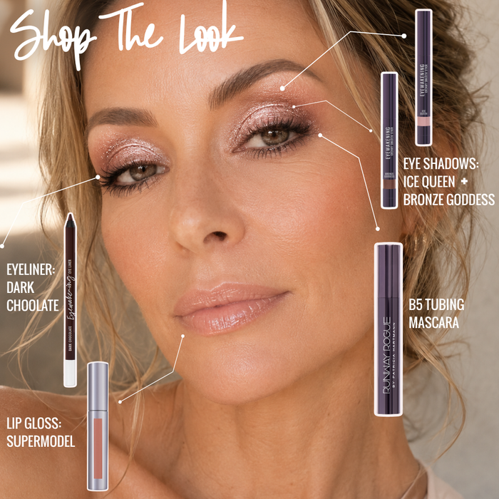 Makeup product display with a woman's face and Runway Rogue eye and lip products labeled.