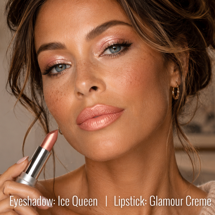 Woman holding a lipstick with text indicating eyeshadow and lipstick names.