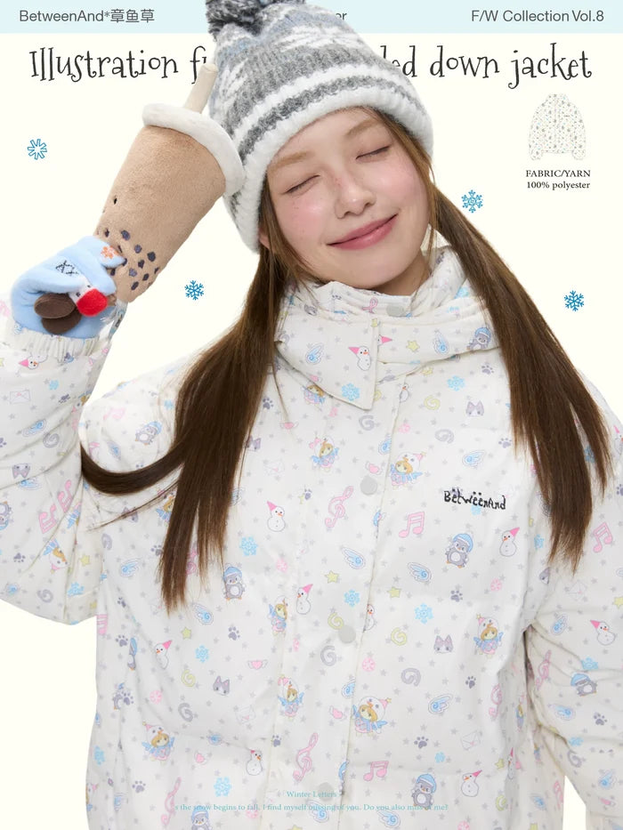 Illustration full penguin print hooded down jacket